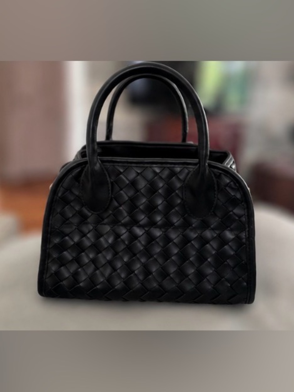 Woven Faux Leather Satchel Top Handle Crossbody Bag Black Minimalist Like New - Picture 7 of 11